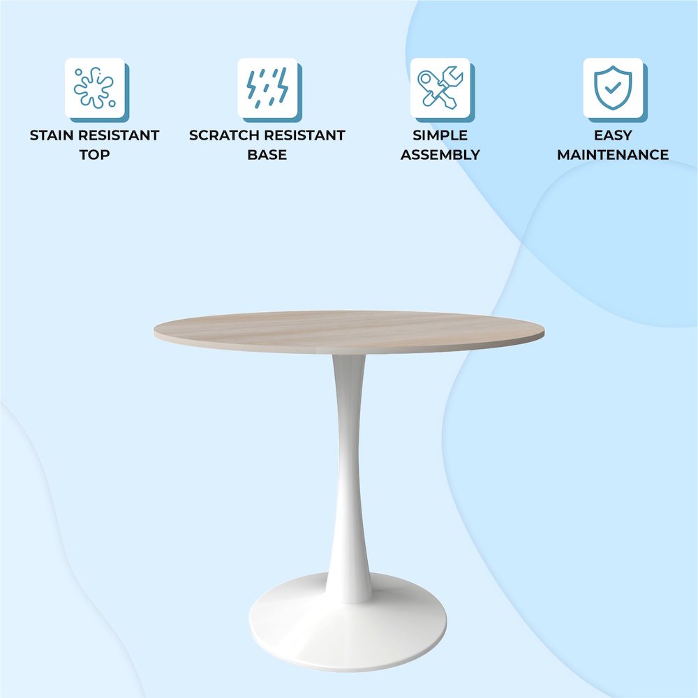 Bristol 35" Round Dining Table White Base with Sintered Stone Natural Wood Top. Picture 5