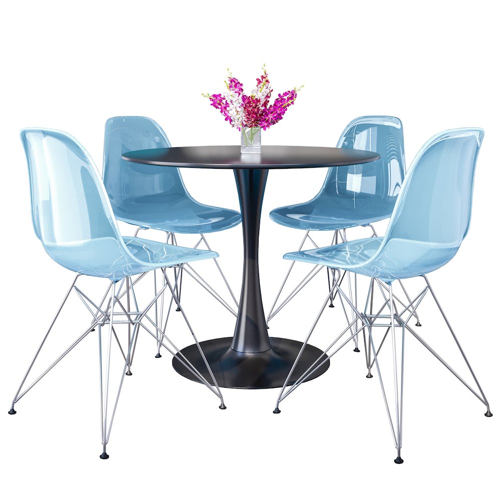 5-Piece Dining Set 35" Round Dining Table in Chrome - Transparent Blue. Picture 1