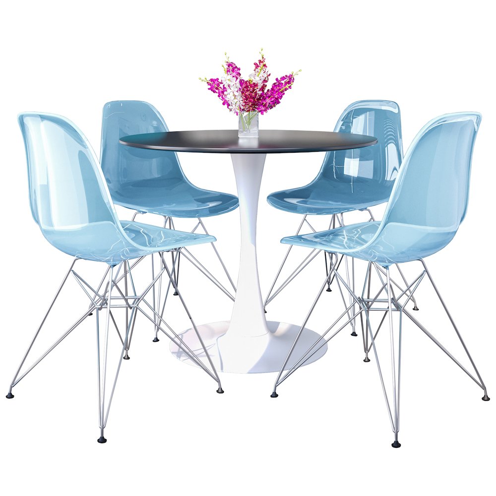 5-Piece Dining Set 35" Round Dining Table in Chrome - Transparent Blue. Picture 1