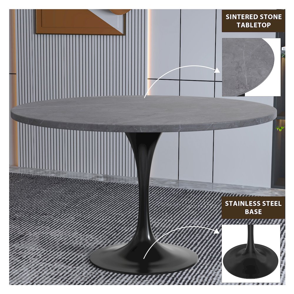 Verve Collection 48 Round Dining Table, Black Base with Sintered Stone Grey Top. Picture 1