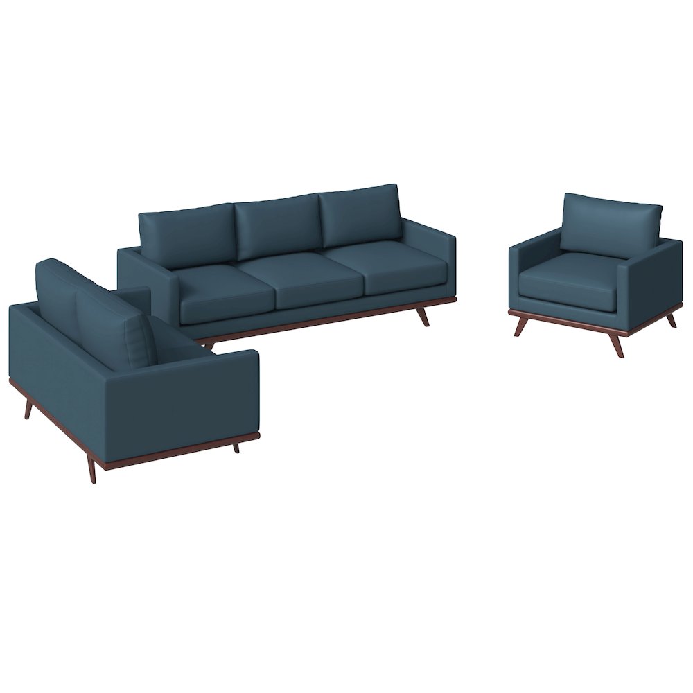 Chester 3-Piece Leather Living Room Sofa Set with Birch Wood Base Navy Blue. Picture 2