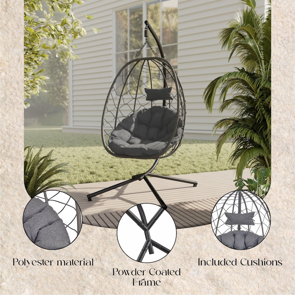 Summit Series Outdoor Egg Swing Chair In Black With CHarcoal Cushions. Picture 3