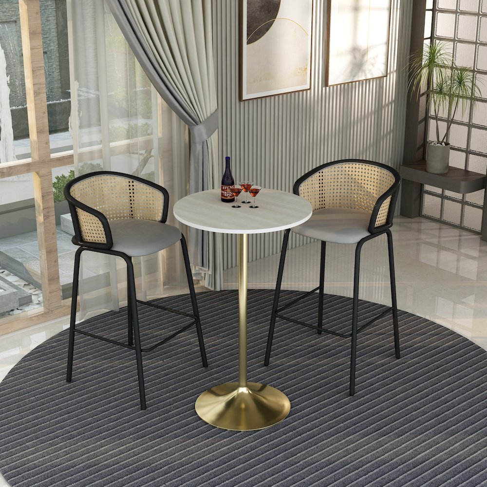 Bar Height Table Brushed Gold Base with 27" Round Light Natural Wood MDF Top. Picture 21