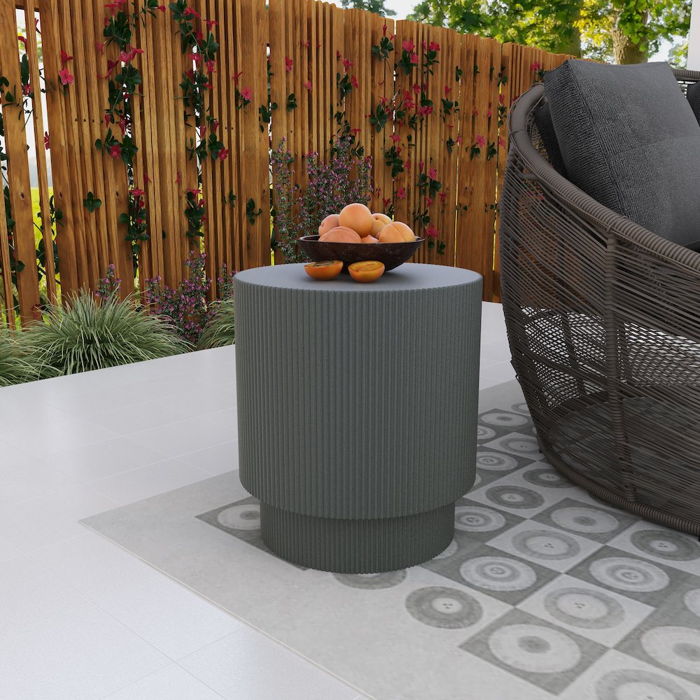 Eden Collection Fiberglass Outdoor Side Table in Grey. Picture 13