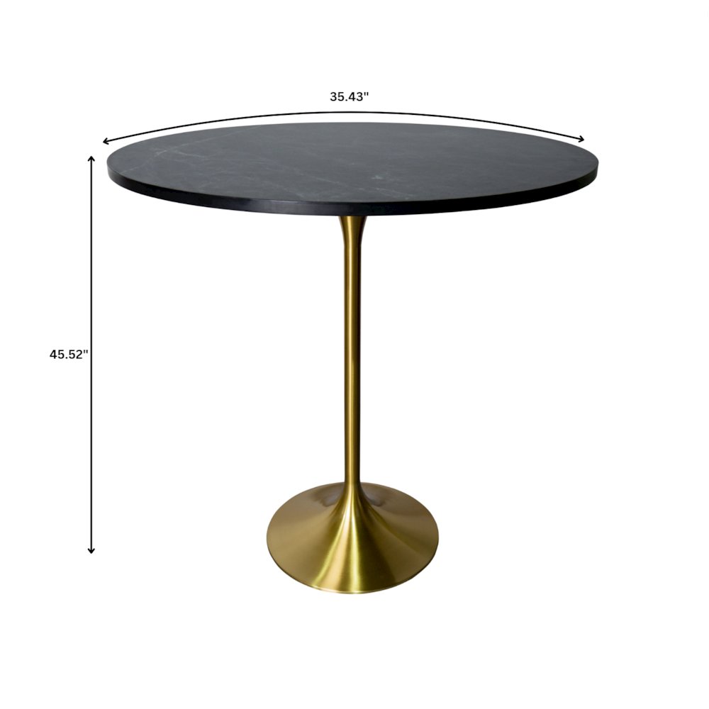 Bar Height Table Brushed Gold Base with 36" Round Black Marbelized MDF Top. Picture 3