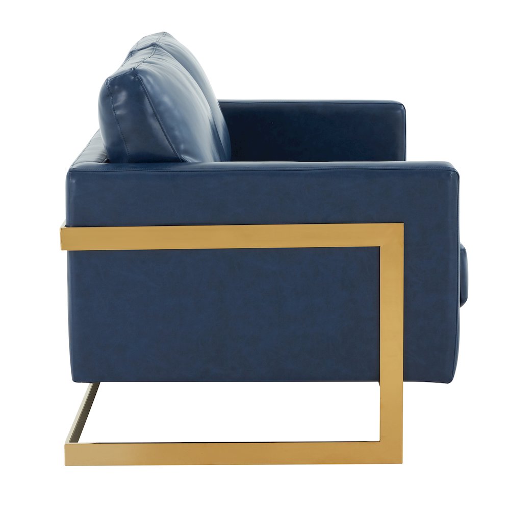 Lincoln Modern Mid-Century Upholstered Leather Loveseat with Gold Frame. Picture 7