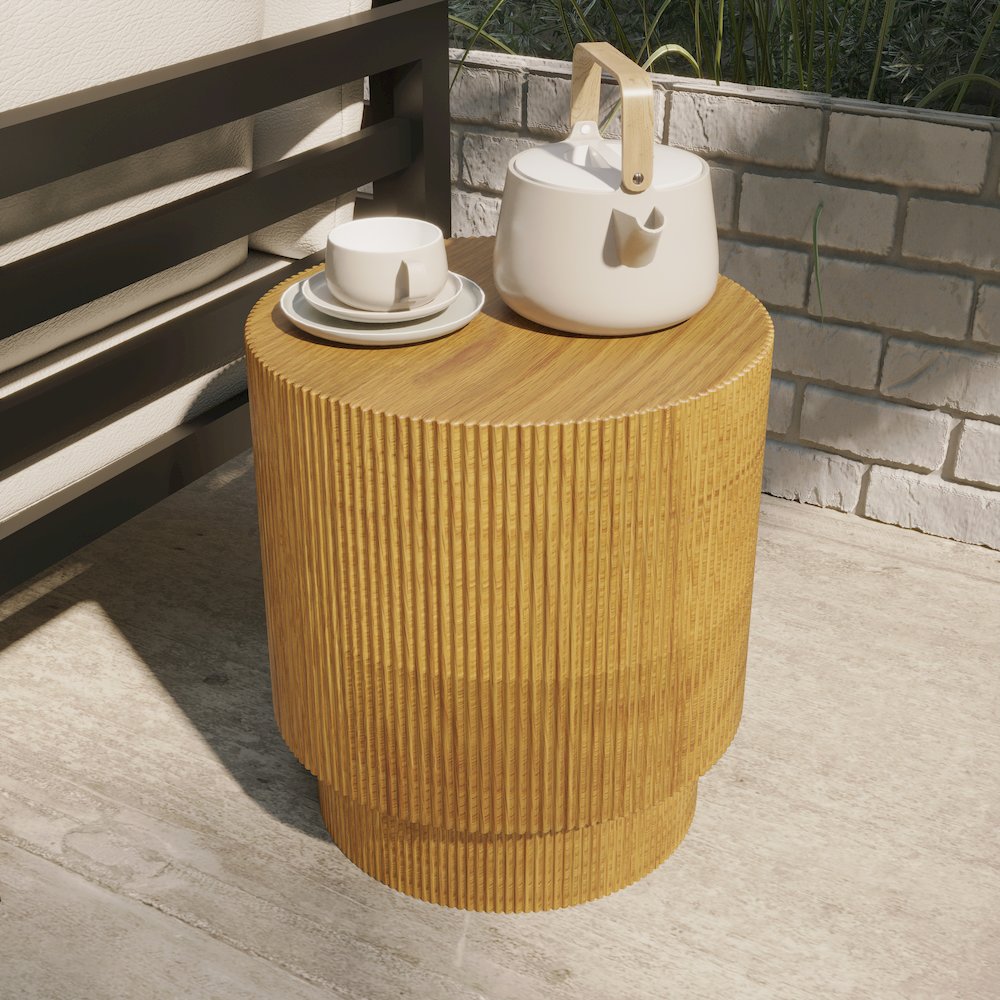 Eden Collection Fiberglass Outdoor Side Table in Wood Brown. Picture 5