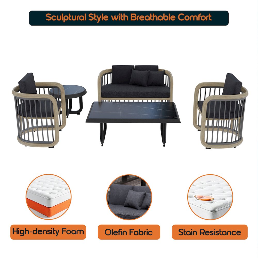 Klyra 5-Piece Aluminum Conversation Set with 2 accent chair in Grey. Picture 4