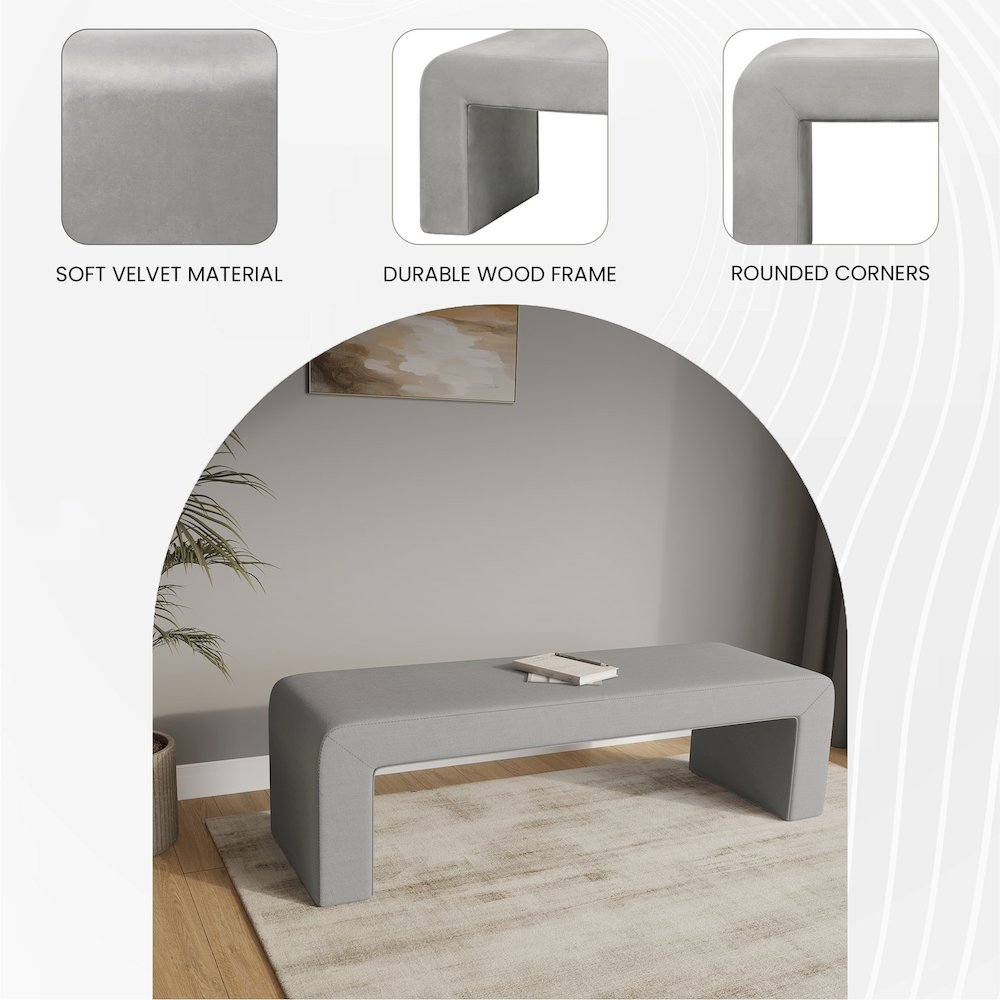 Vint Collection Modern 63" Bench In Light Grey Velvet. Picture 3