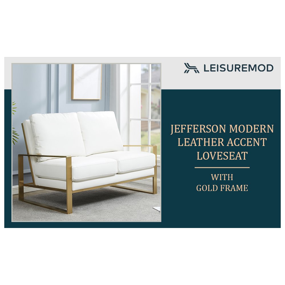 Jefferson - Leather Loveseat - Gold Frame - White. Picture 8