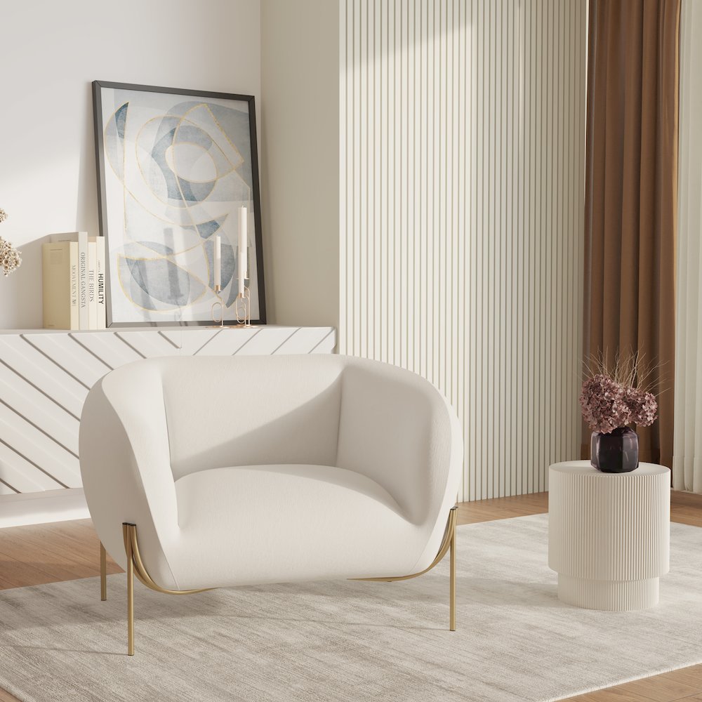 Zuno Collection Modern Single Seater Sofa in White Velvet. Picture 5