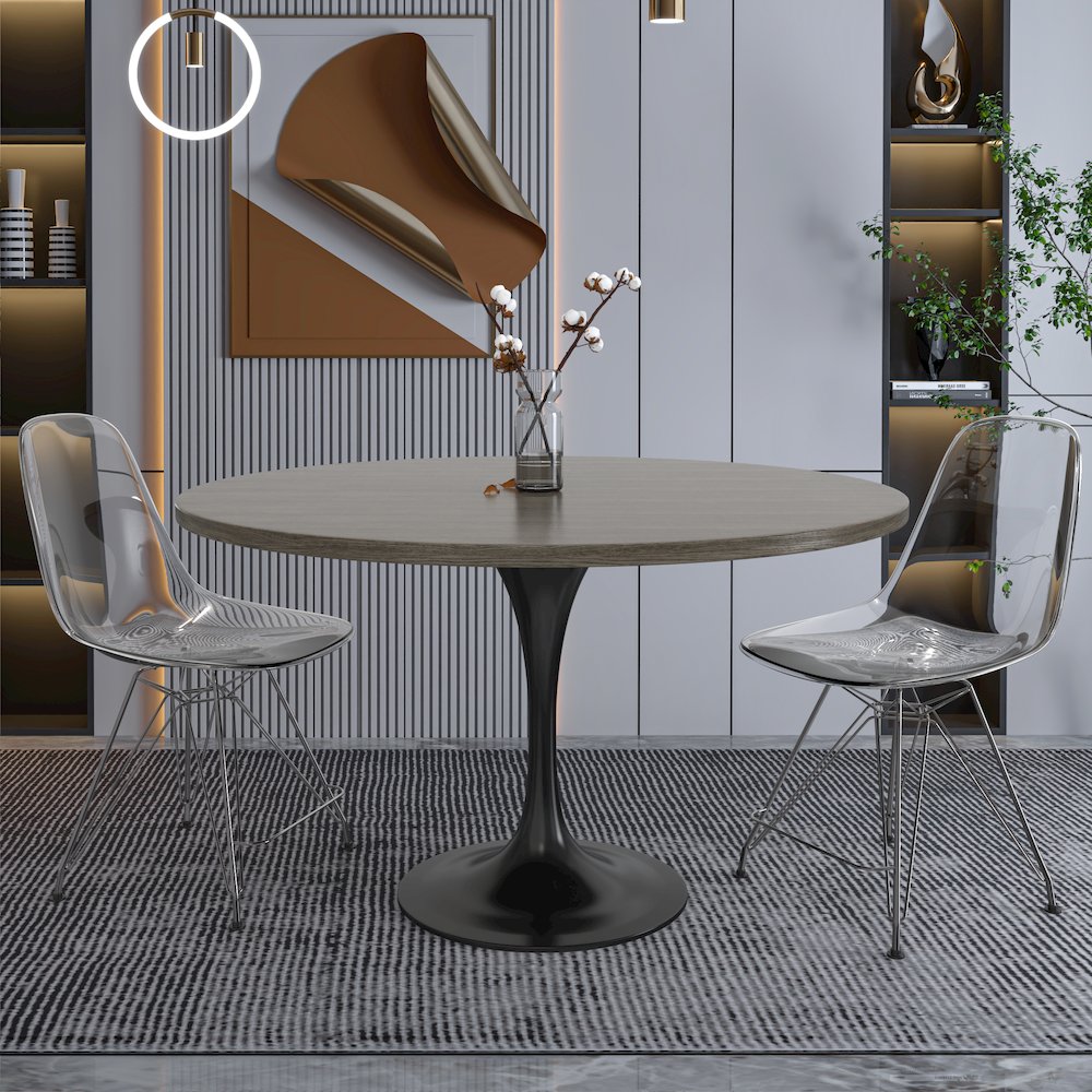 Verve Collection 48 Round Dining Table, Black Base with Dark Maple MDF Top. Picture 8