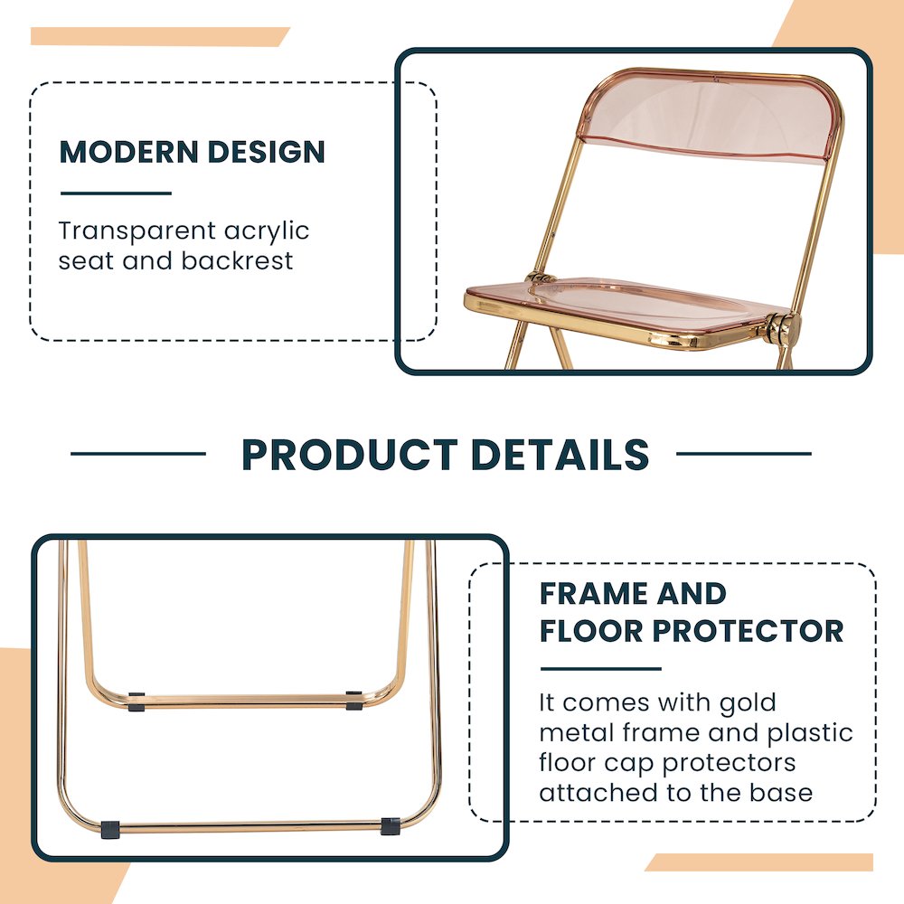 Lawrence Acrylic Folding Chair With Gold Metal Frame. Picture 4