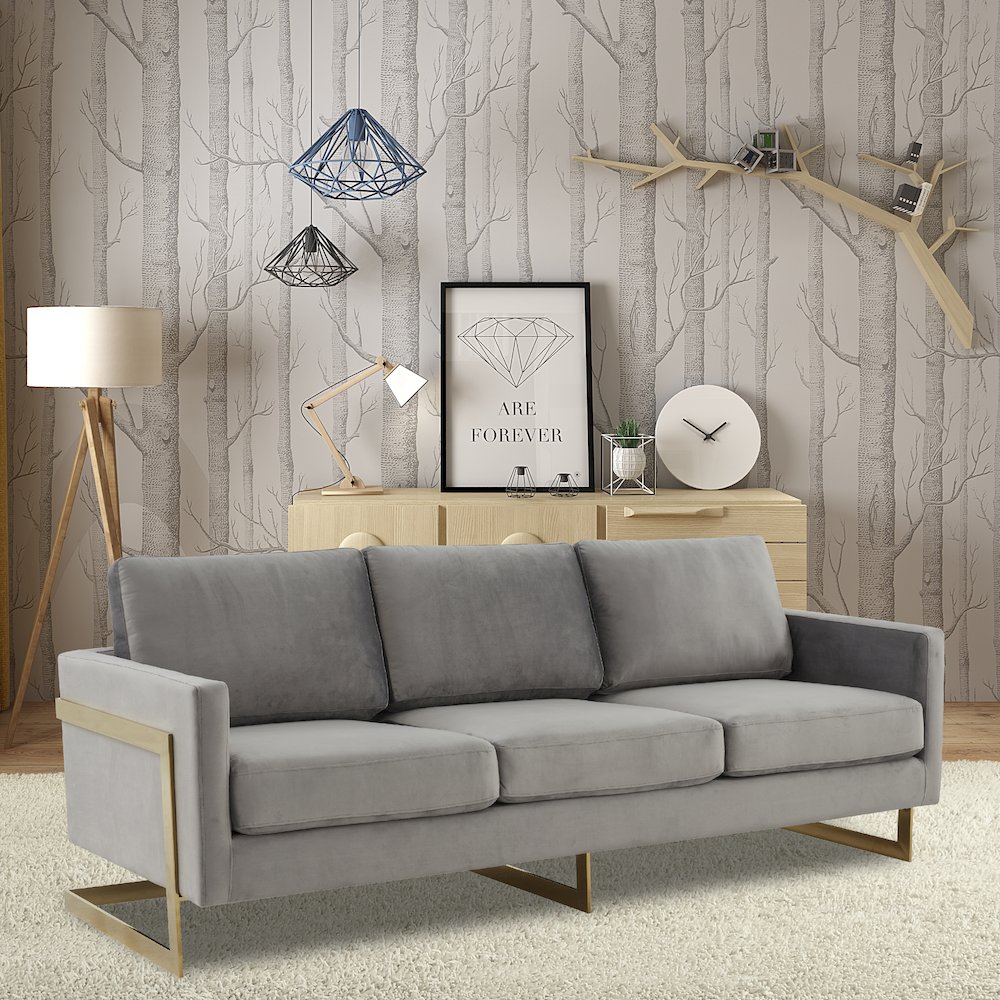Lincoln Modern Mid-Century Upholstered Velvet Sofa with Gold Frame. Picture 4