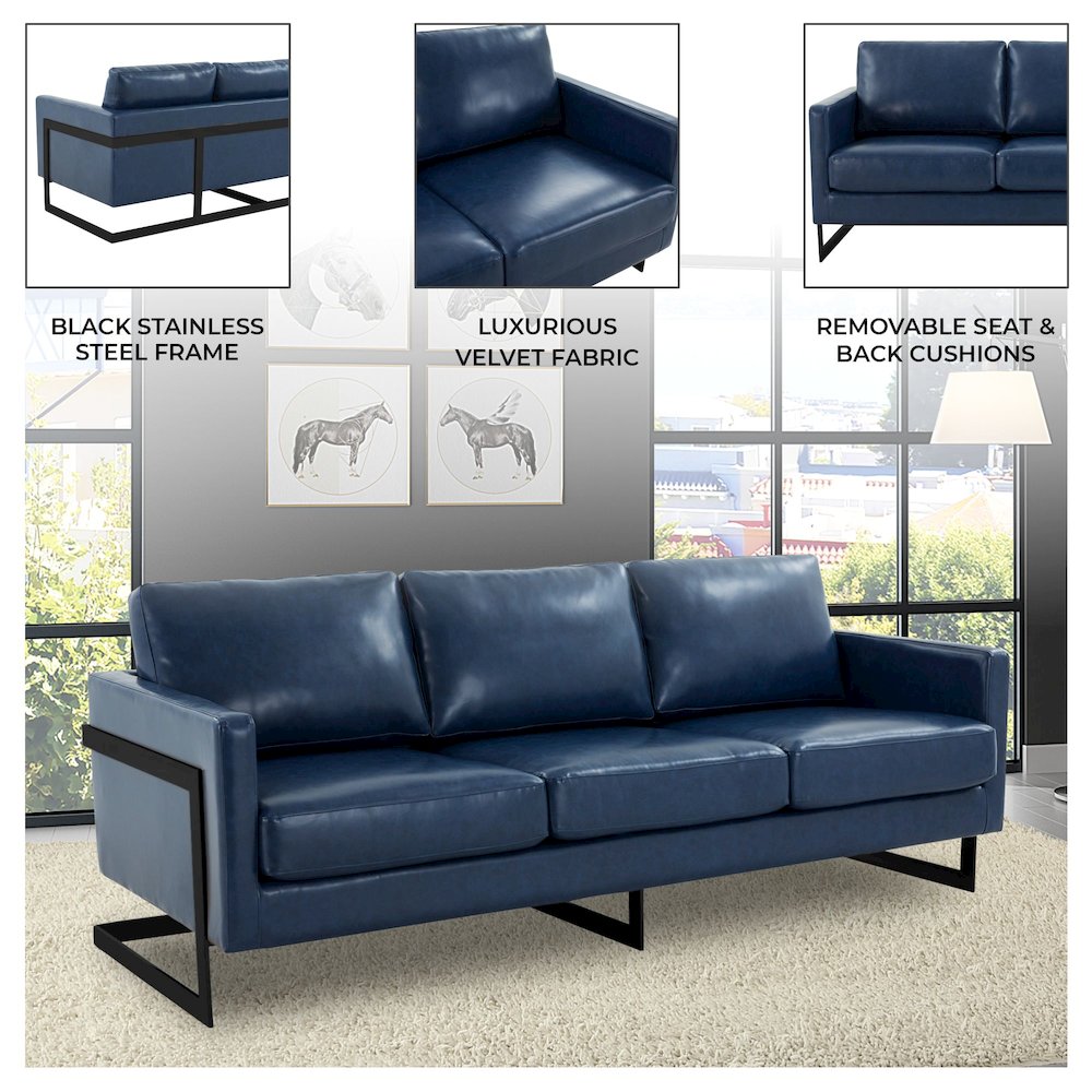 Lincoln Blue Leather Sofa With Black Frame. Picture 5
