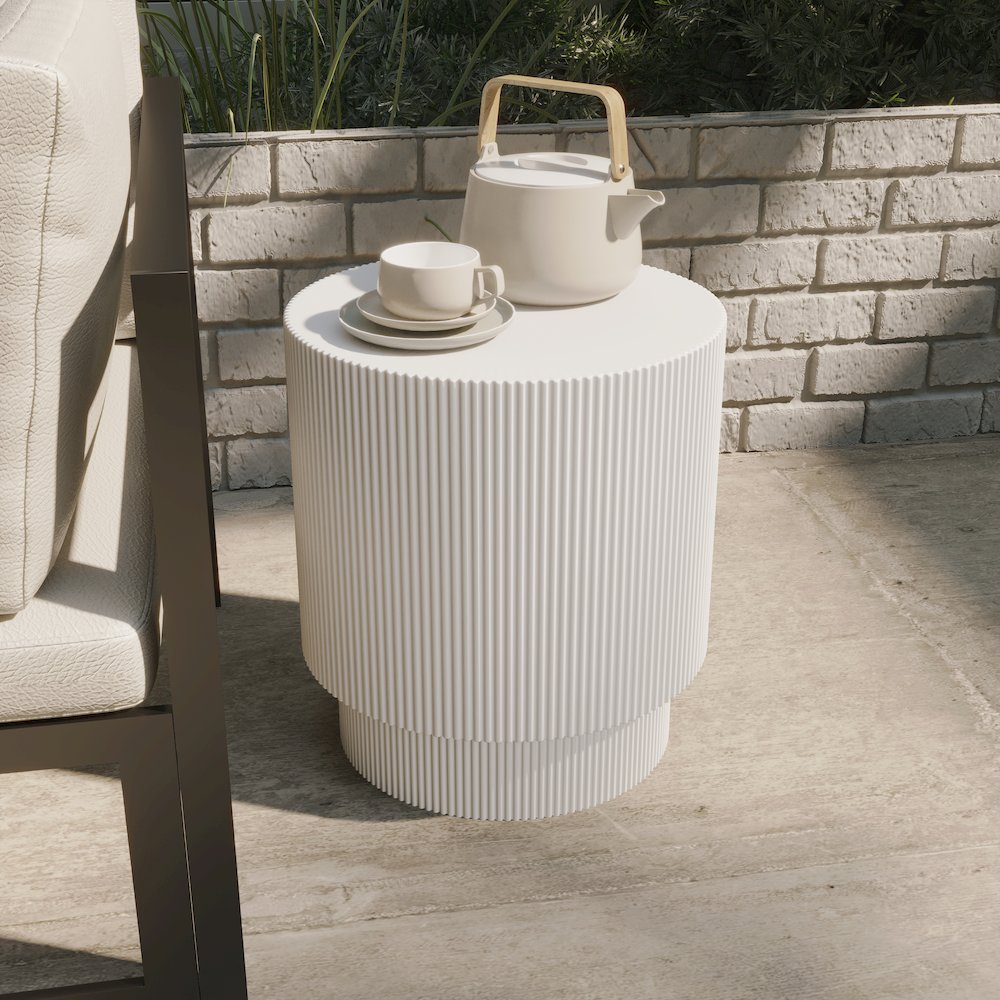Eden Collection Fiberglass Outdoor Side Table in White. Picture 31