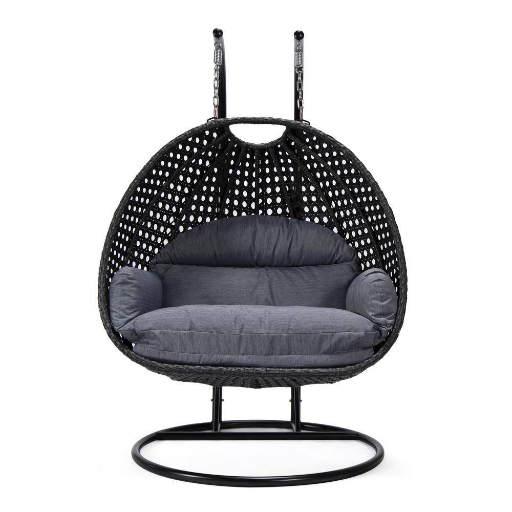 LeisureMod MendozaWicker Hanging 2 person Egg Swing Chair in Charcoal Blue. Picture 2