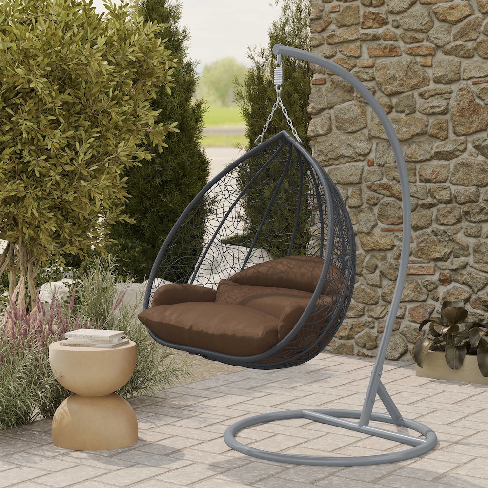 Recluse Collection Modern Outdoor Swing Chair Grey Frame with ES57 Brown Cushion. Picture 7