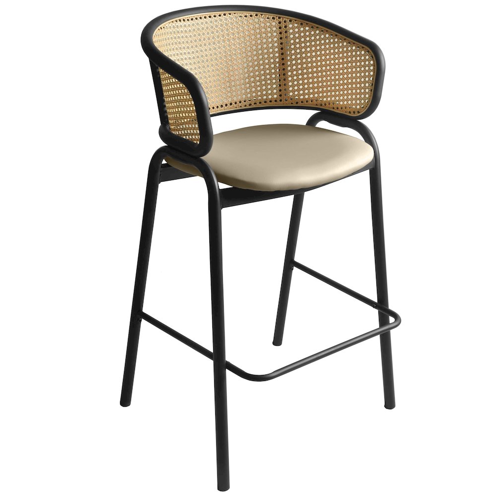 Ervilla Wicker Bar Stool with Fabric Seat and Black Steel Frame - Taupe. Picture 1