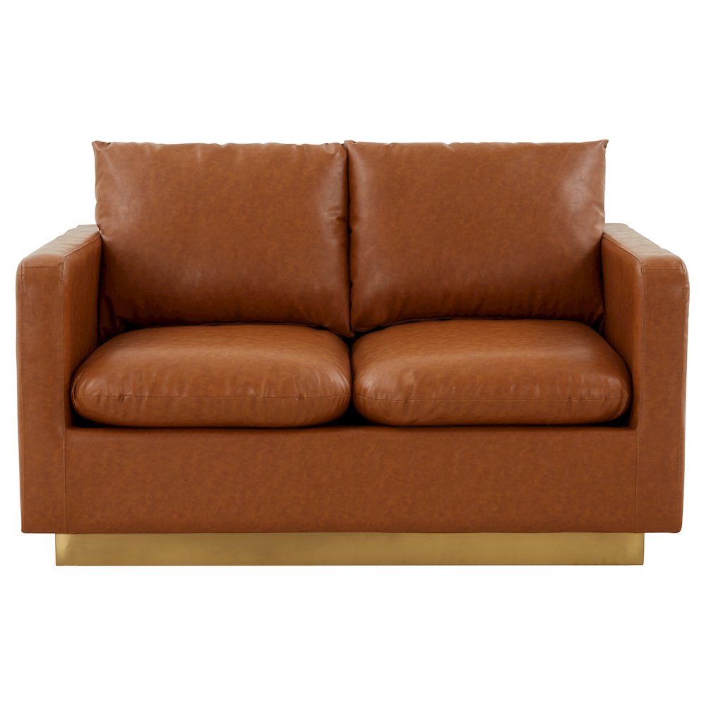 Nervo Modern Mid-Century Upholstered Leather Loveseat with Gold Frame. Picture 4