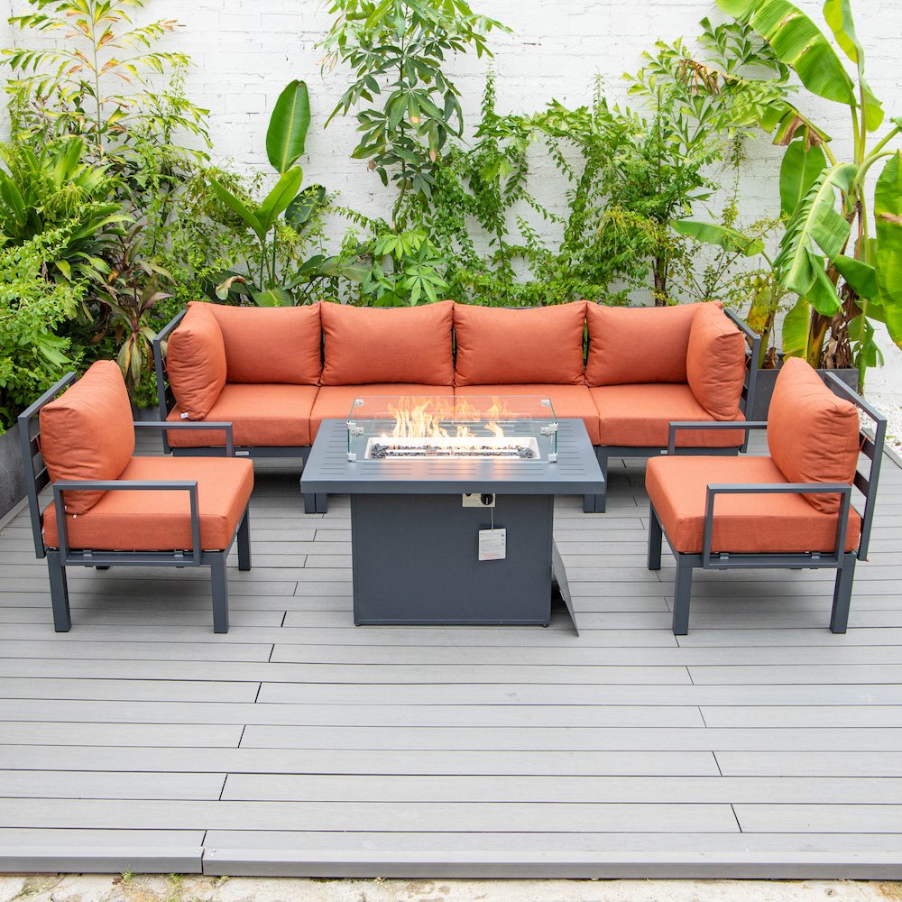 Chelsea 7-Piece Patio Sectional And Fire Pit Table Black Aluminum With Cushions. Picture 31