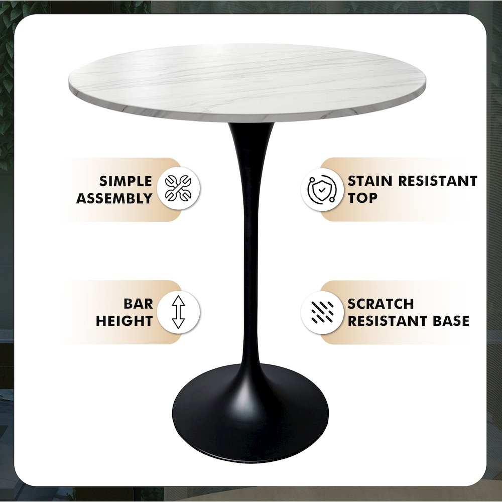 Bar Height Table Black Base with 27" Round Marble White Sintered Stone Top. Picture 21