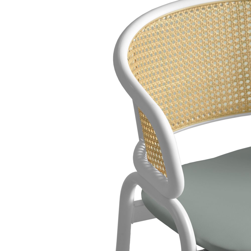 Ervilla Wicker Bar Stool with Fabric Seat and White Steel Frame - Grey leather. Picture 18