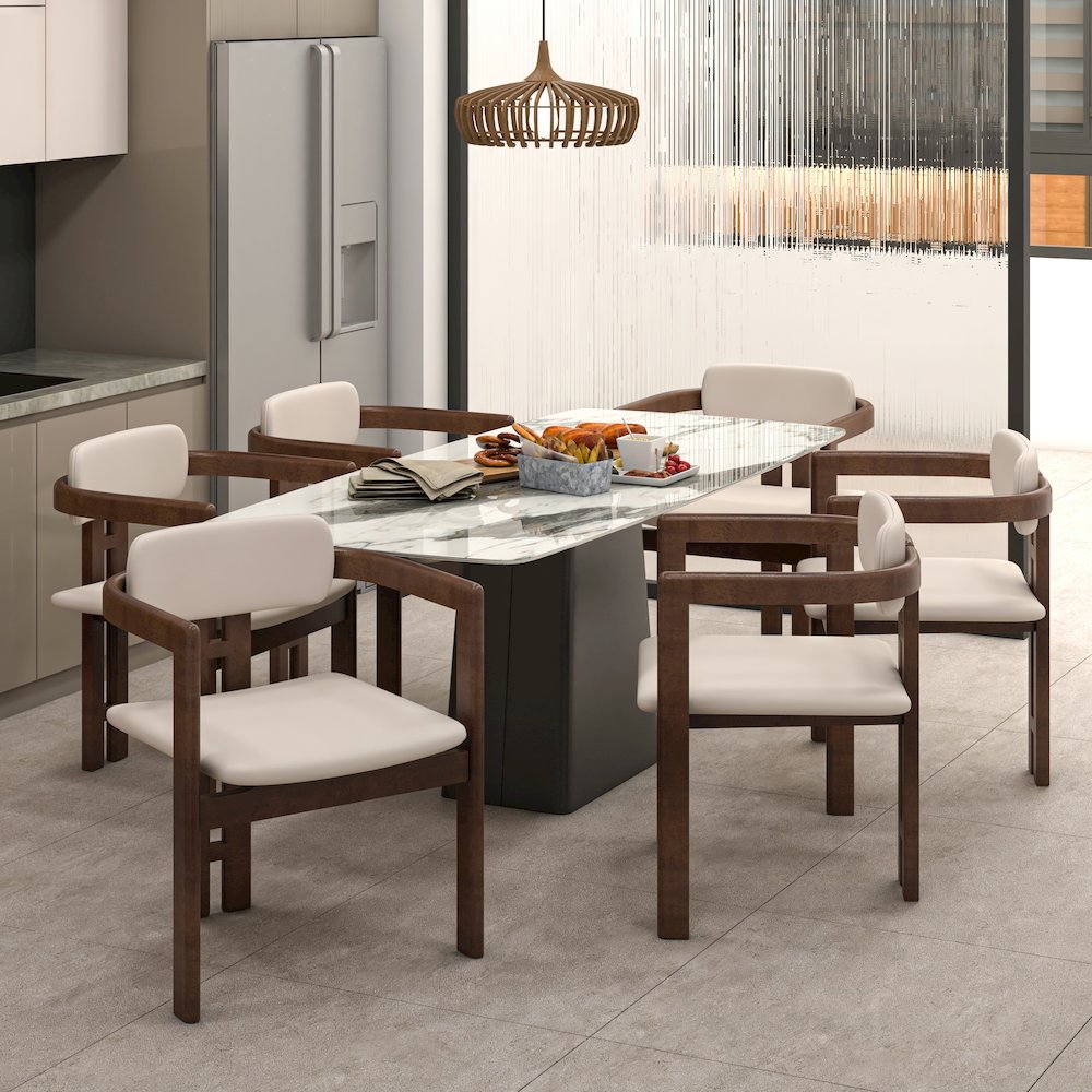 Velo Series Modern Dining Chair in Walnut Color Wood with Toupe Seat. Picture 12