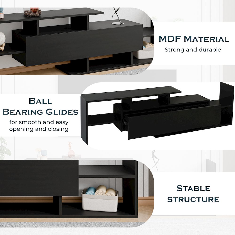 Surrey Modern TV Stand with MDF Shelves and Bookcase in Ebony. Picture 4