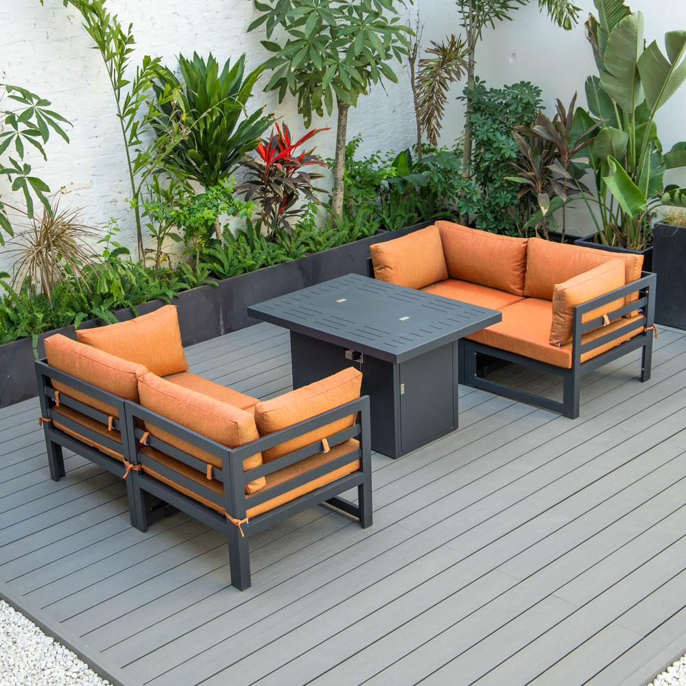 LeisureMod Chelsea 5-Piece Sectional Loveseat and Fireplace Set Black Aluminum with Cushions, Orange. Picture 2