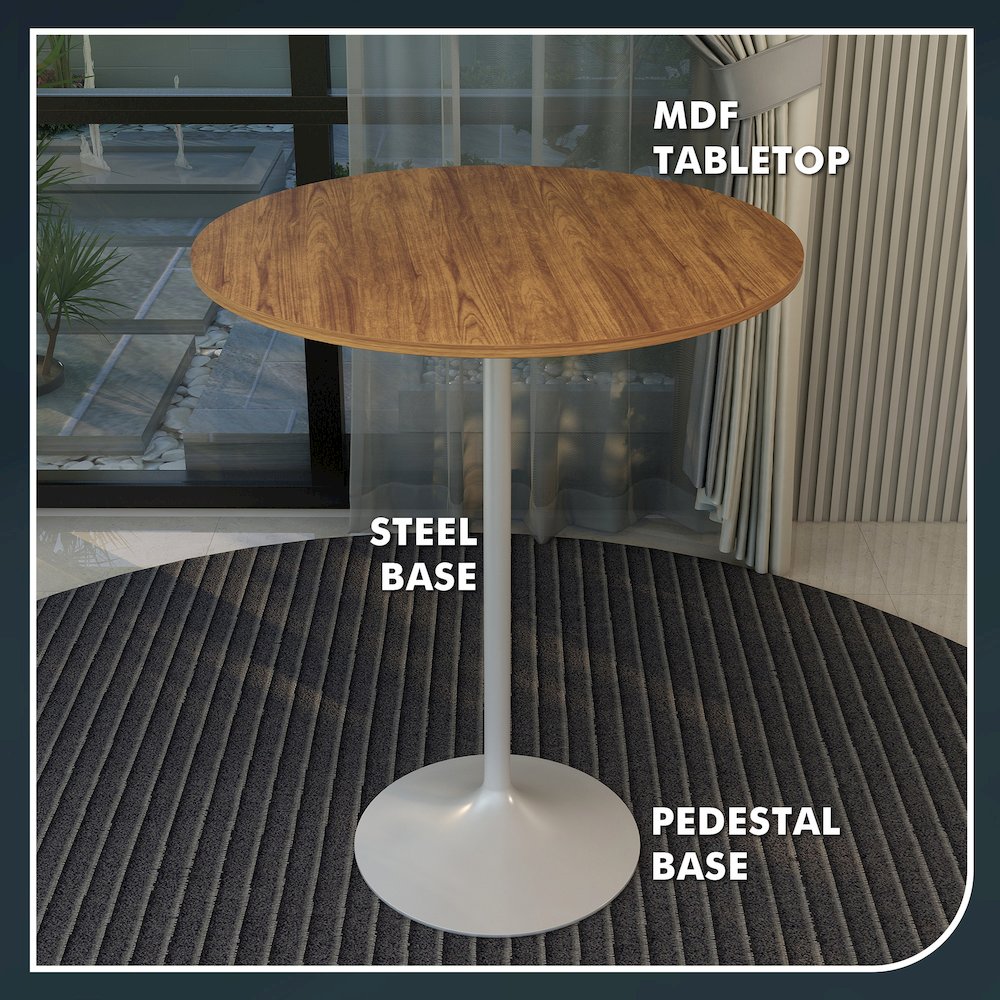 Bar Height Table White Base with 36" Round Cognac Brown MDF Top. Picture 6