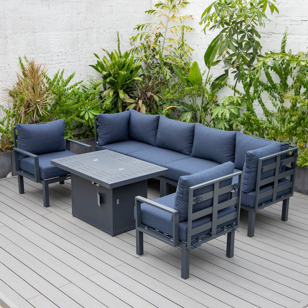 Chelsea 7-Piece Patio Sectional And Fire Pit Table Black Aluminum With Cushions. Picture 33