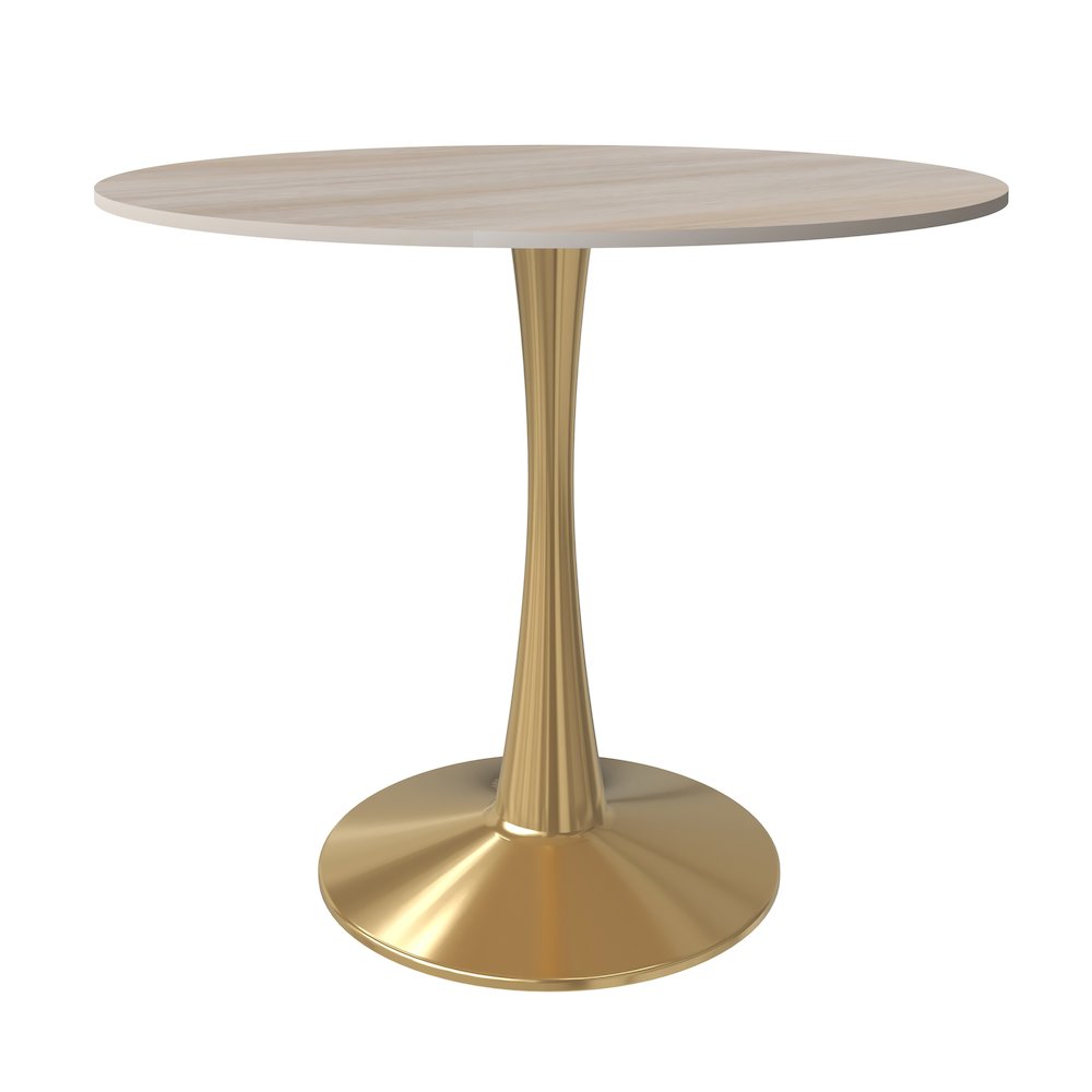 Bristol 35" Round Dining Table Gold Base with Sintered Stone Natural Wood Top. Picture 6