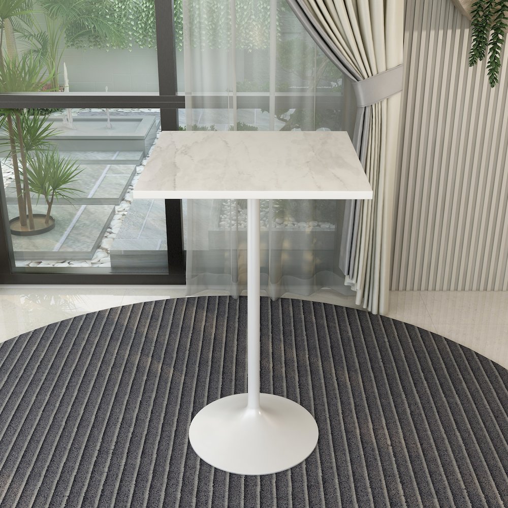 Modern Bar Height Table White Base 27" Square Marbleized White Laminated  Top. Picture 6