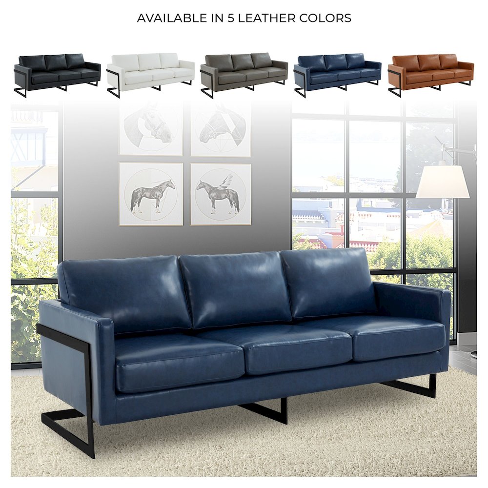 Lincoln Blue Leather Sofa With Black Frame. Picture 4
