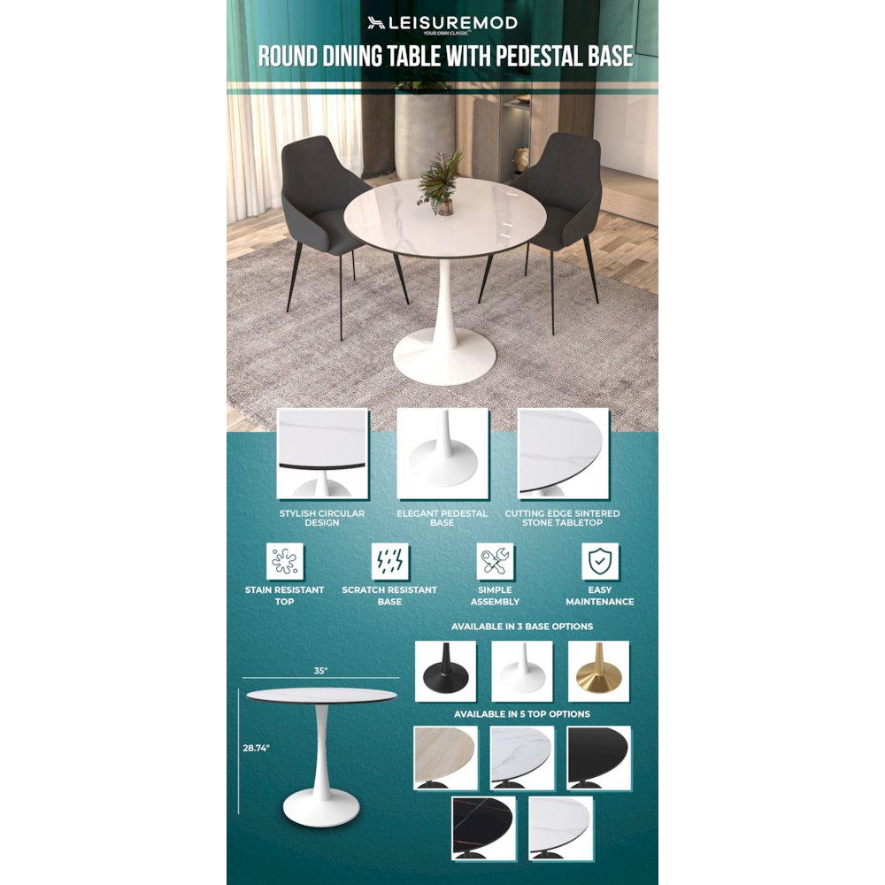 Bristol 35" round dining table White base with White Sintered stone Top. Picture 8
