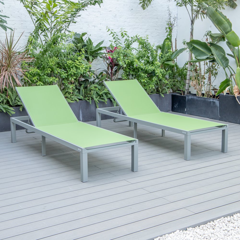 Marlin Patio Chaise Lounge Chair With Grey Aluminum Frame, Set of 2 in Green. Picture 4
