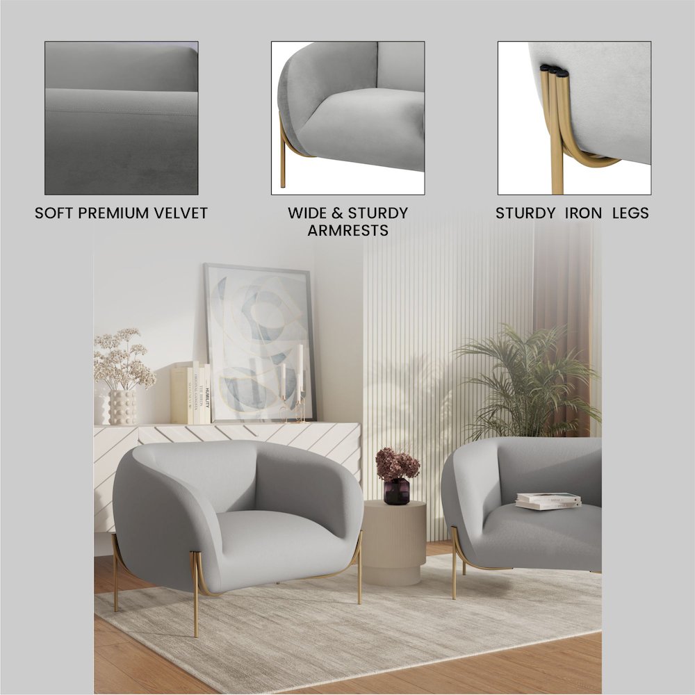 Zuno Collection Modern Single Seater Sofa in Light Grey Velvet. Picture 2