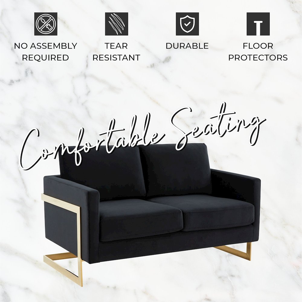 Lincoln Modern Mid-Century Upholstered Velvet Loveseat with Gold Frame. Picture 10