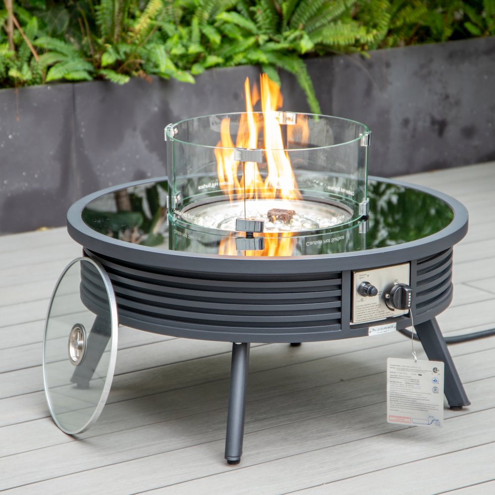 Walbrooke Outdoor Patio Aluminum Round Slats Design Fire Pit Side Table. Picture 14