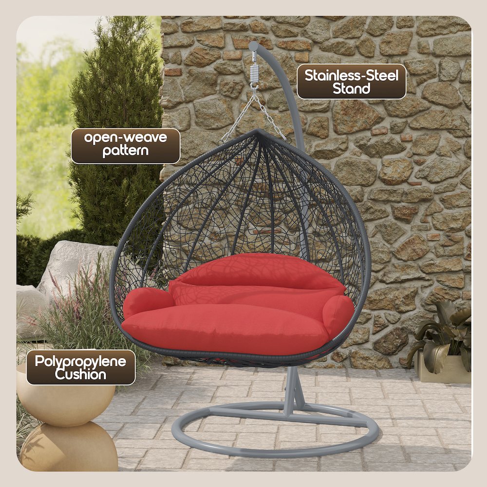 Recluse Collection Modern Outdoor Swing Chair Grey Frame with ES57 Red Cushion. Picture 5