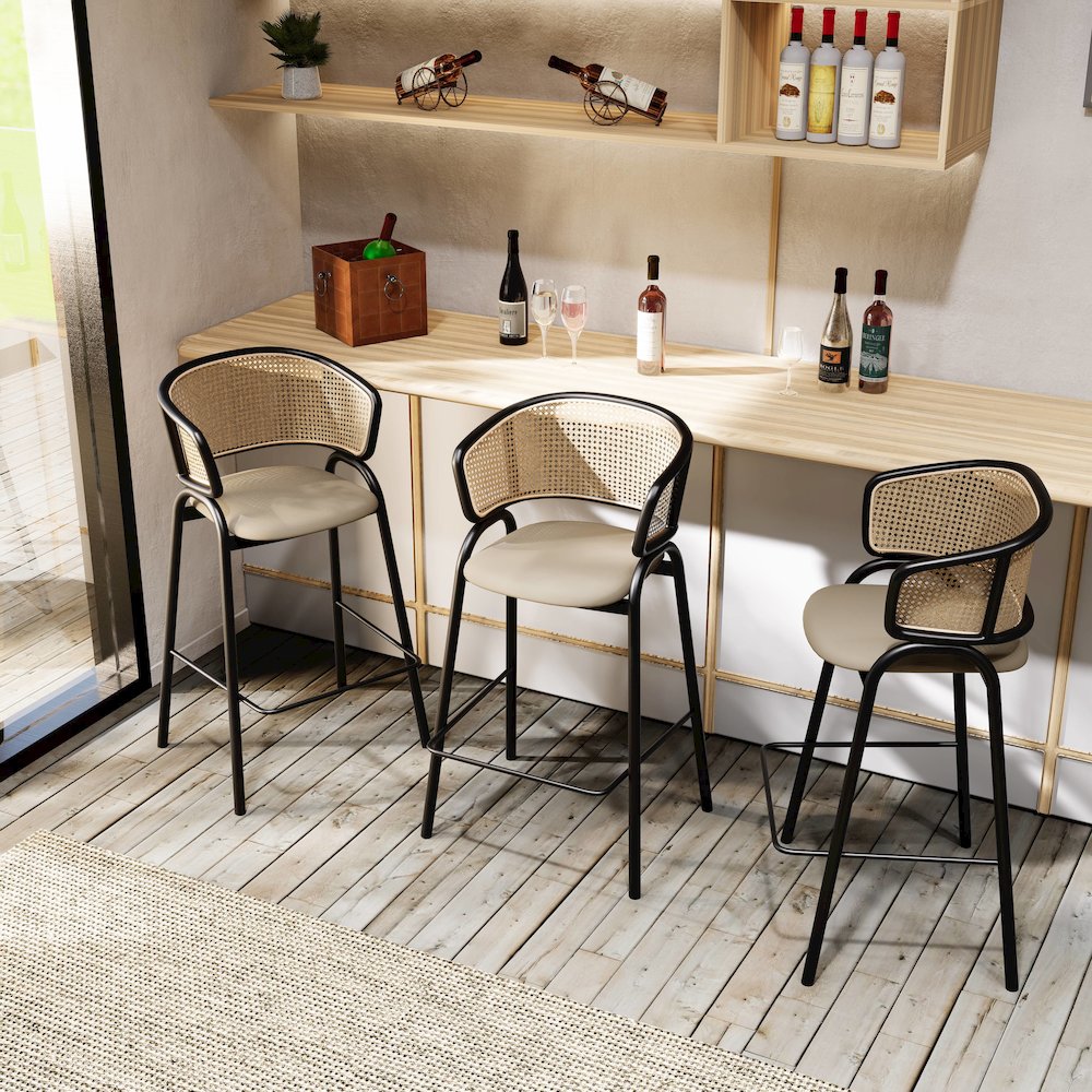 Ervilla Wicker Bar Stool with Fabric Seat and Black Steel Frame - Taupe. Picture 6