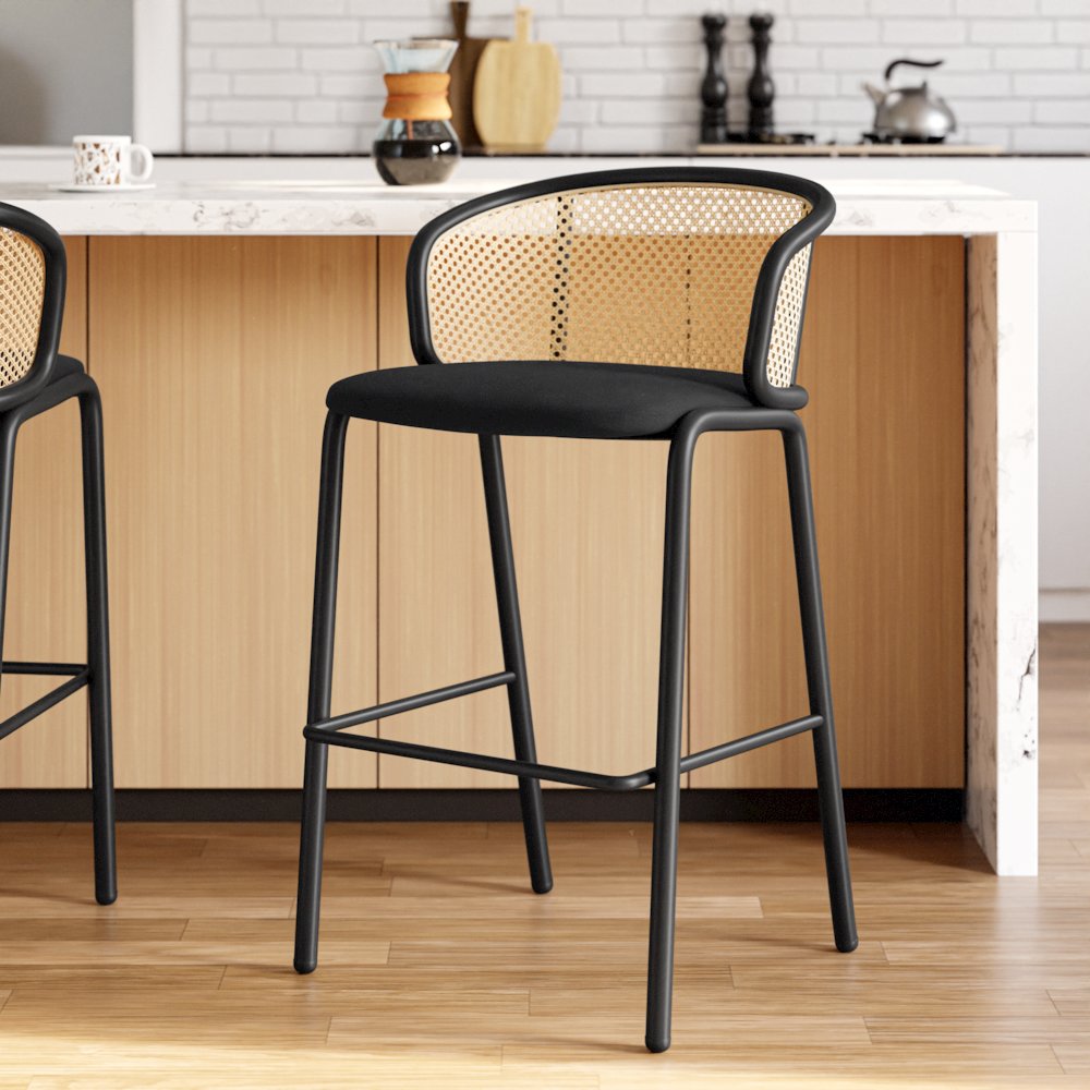 Ervilla Mid-Century Modern Wicker Bar Stool in Black. Picture 2