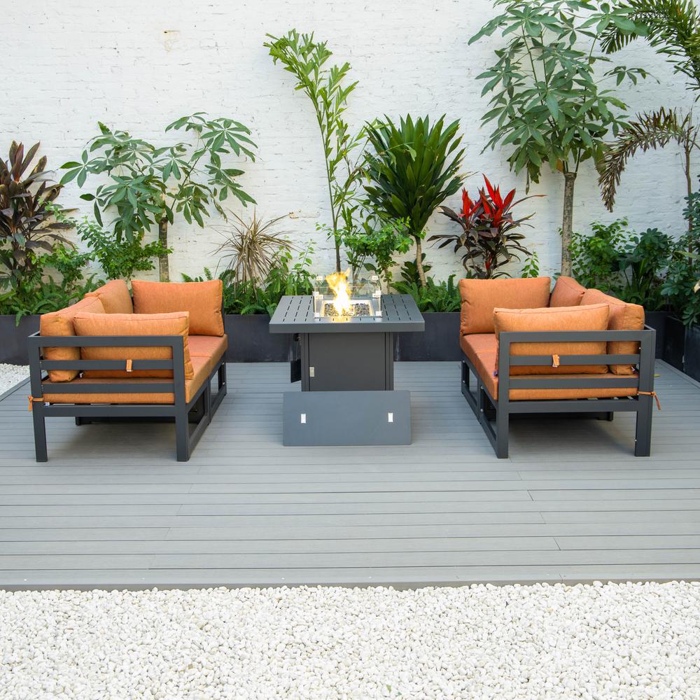 LeisureMod Chelsea 5-Piece Sectional Loveseat and Fireplace Set Black Aluminum with Cushions, Orange. Picture 4