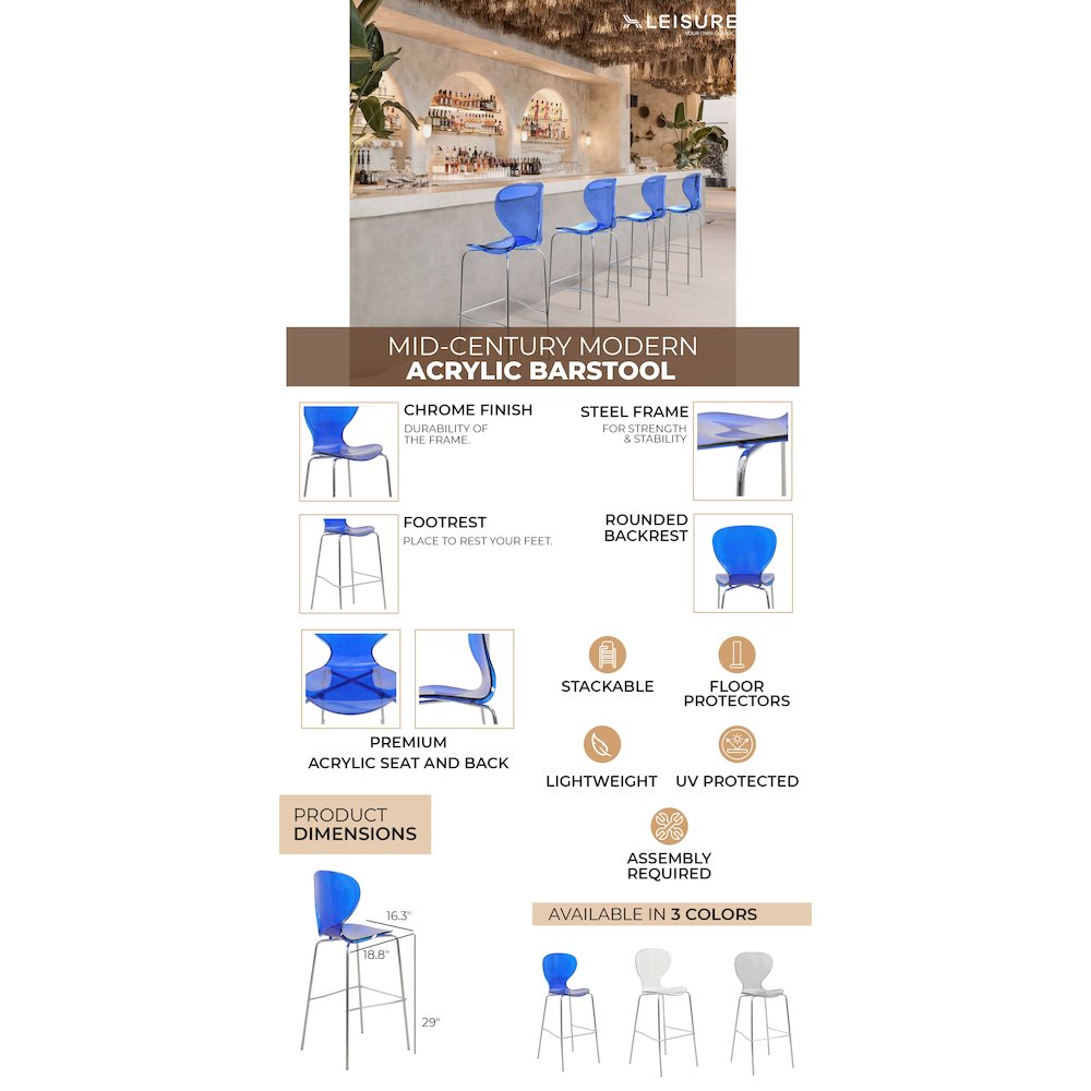 Oyster Acrylic Barstool with Steel Frame in Chrome Finish in Transparent Blue. Picture 1