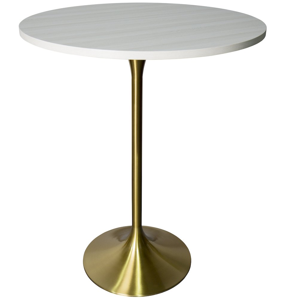 Bar Height Table Brushed Gold Base with 27" Round Light Natural Wood MDF Top. Picture 1