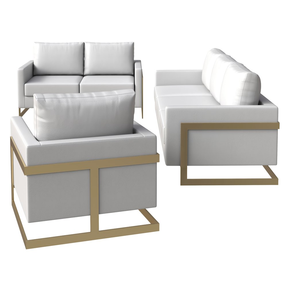 Lincoln 3-Piece Velvet Living Room Sofa Set With Gold Frame White. Picture 4