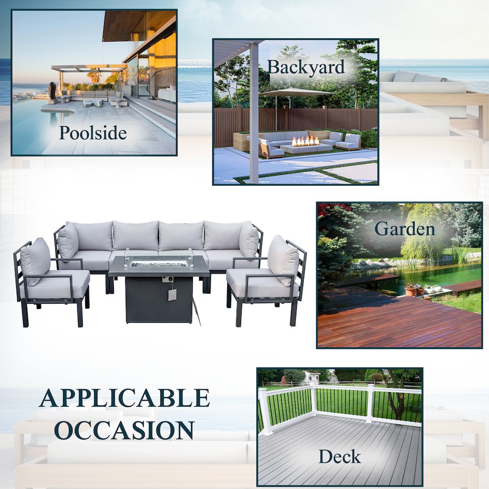 Chelsea 7-Piece Patio Sectional And Fire Pit Table Black Aluminum With Cushions. Picture 35