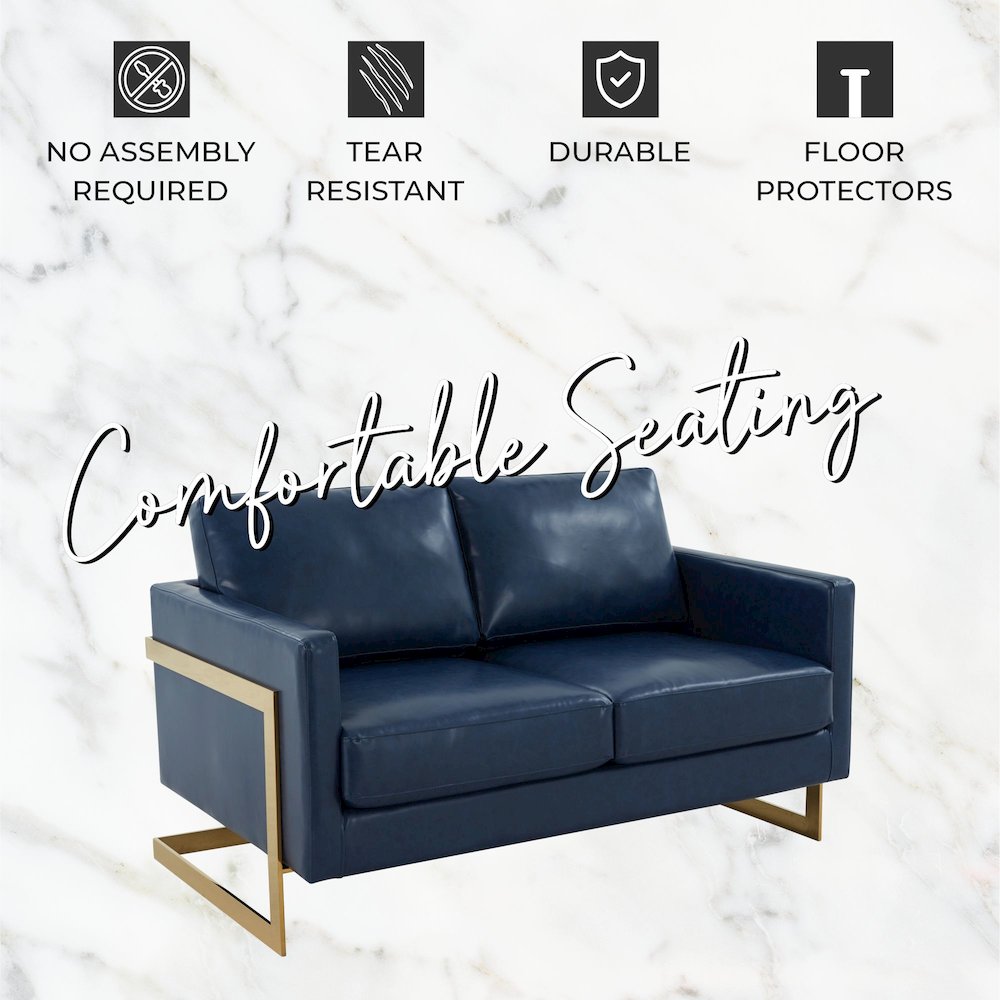 Lincoln Modern Mid-Century Upholstered Leather Loveseat with Gold Frame. Picture 10