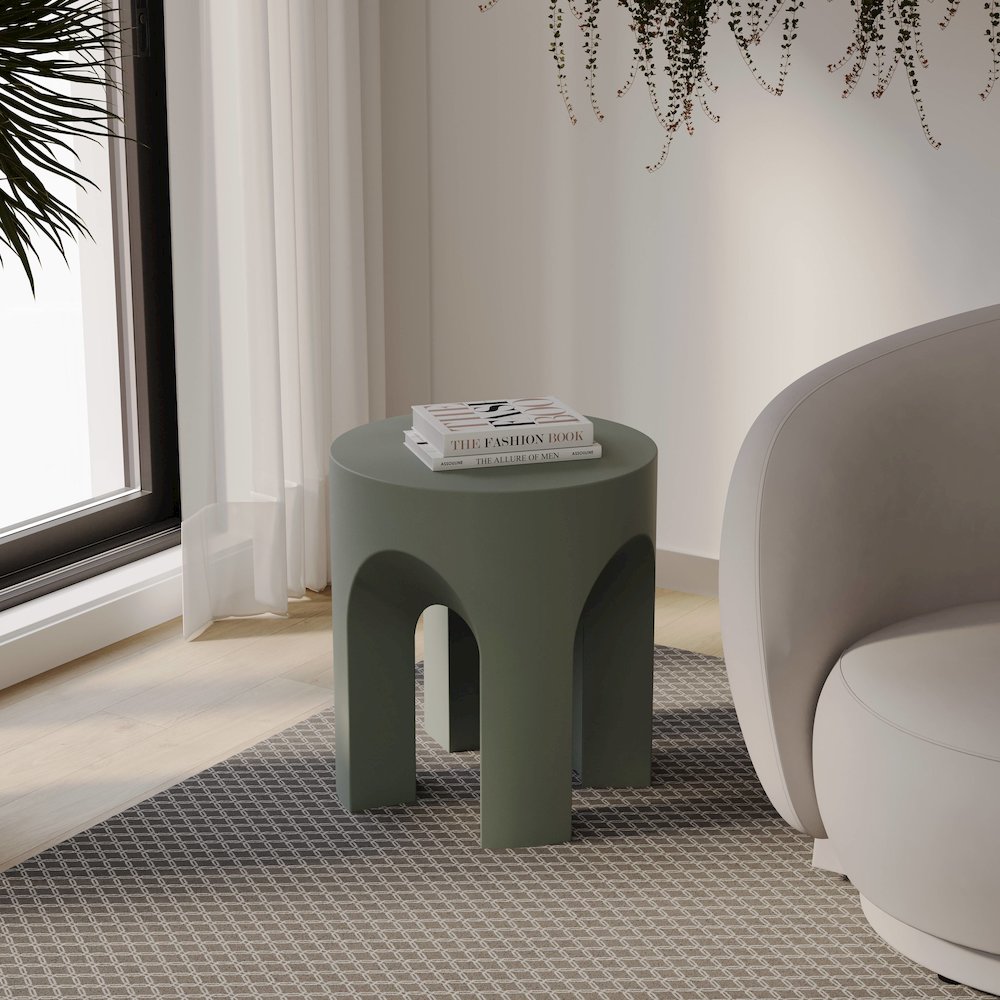 Crus Collection Fiberglass Outdoor Side Table in Grey. Picture 3